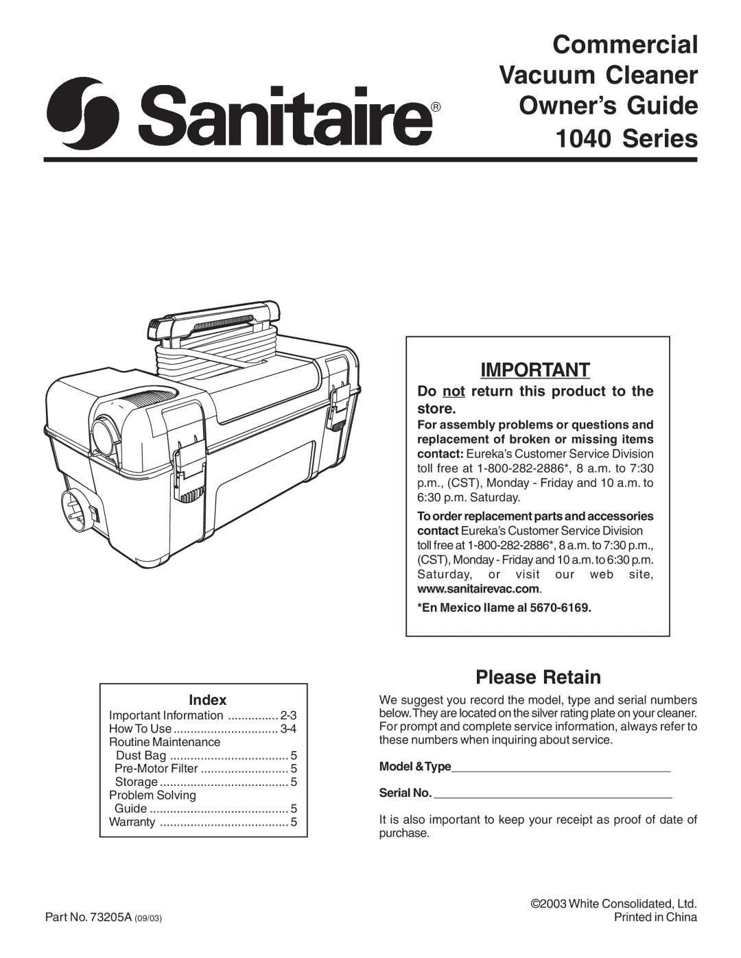 Sanitaire 1040 warranty Do not return this product to the store, Index 