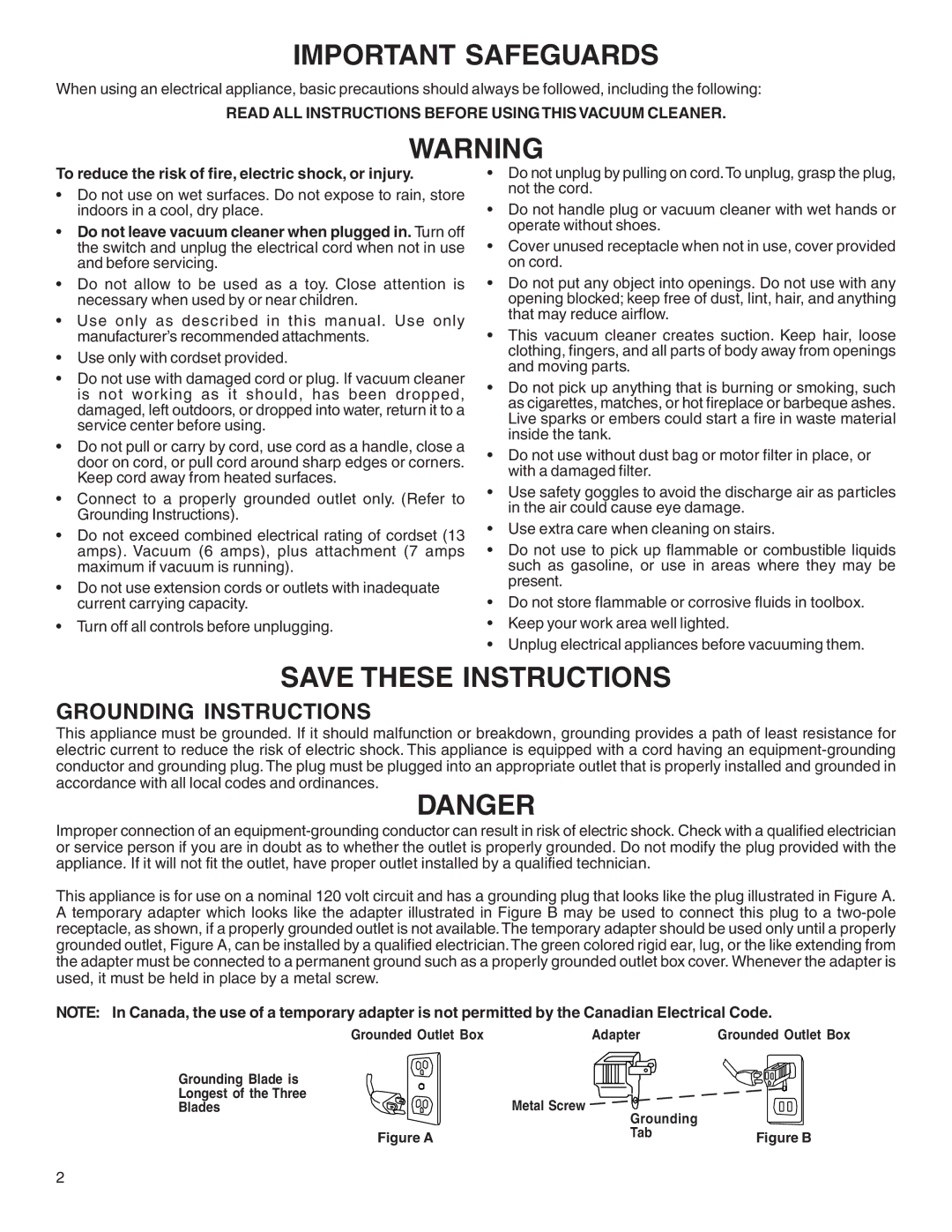 Sanitaire 1040 warranty Grounding Instructions, Read ALL Instructions Before Usingthis Vacuum Cleaner 