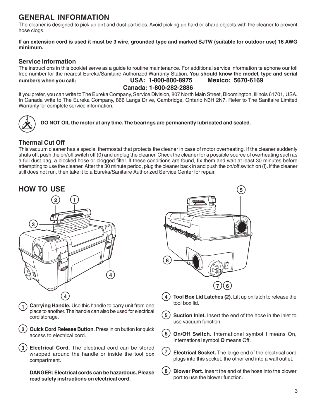 Sanitaire 1040 warranty General Information, HOW to USE, Service Information, USA Mexico Canada, Thermal Cut Off 