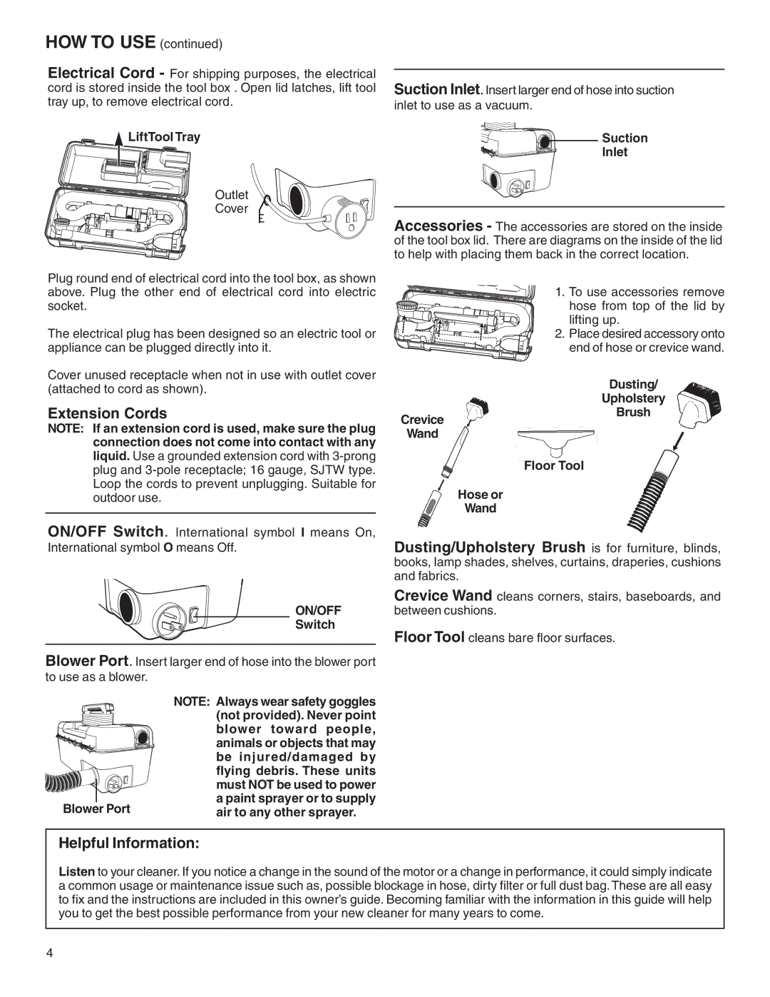 Sanitaire 1040 warranty Extension Cords, Helpful Information, On/Off 