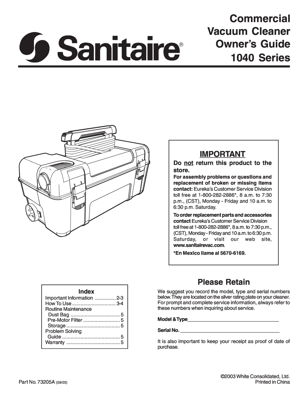 Sanitaire 1040 warranty Do notreturn this product to the store, Index, Commercial Vacuum Cleaner Owner’s Guide, Series 
