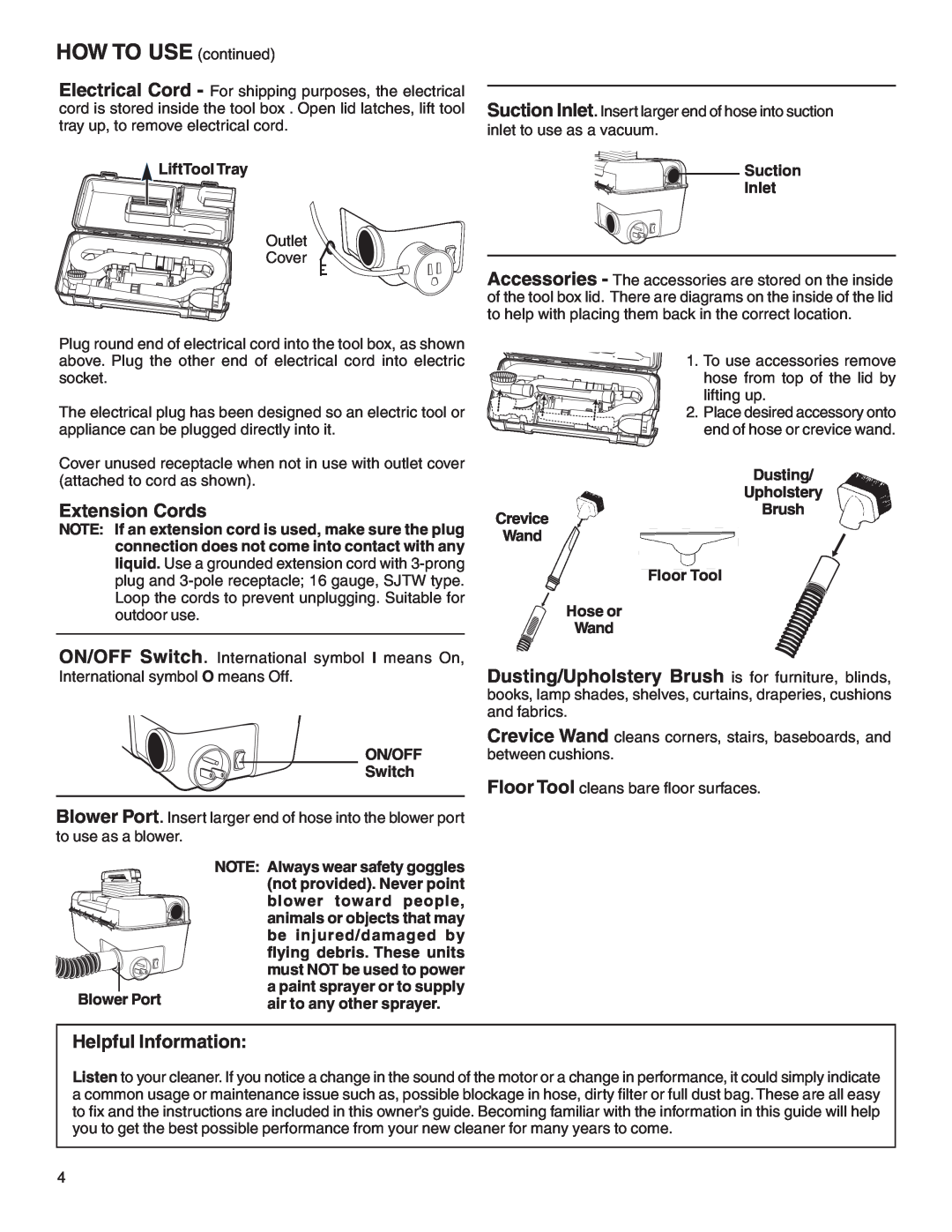 Sanitaire 1040 warranty HOW TO USE continued, Extension Cords, Helpful Information 