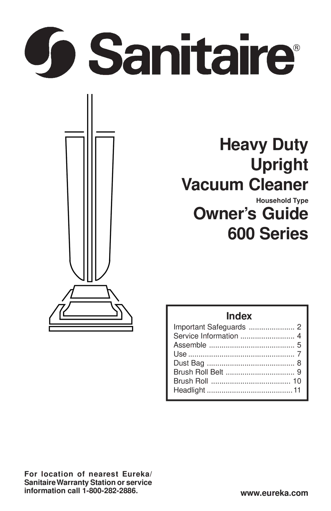 Sanitaire 600 Series warranty Heavy Duty Upright Vacuum Cleaner, Index 