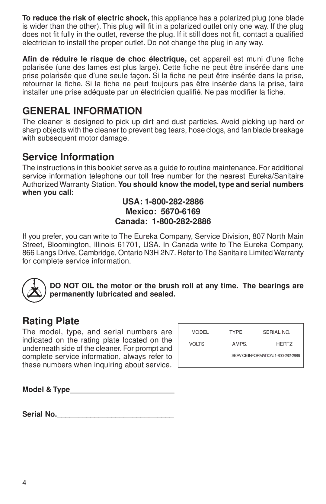 Sanitaire 600 Series warranty General Information, Service Information, Rating Plate 