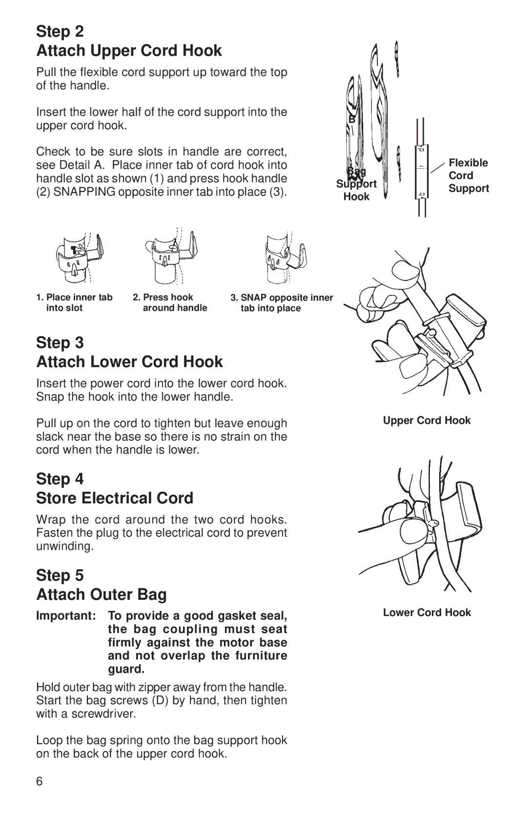 Sanitaire 600 Series warranty Step Attach Upper Cord Hook, Step Attach Lower Cord Hook, Step Store Electrical Cord 