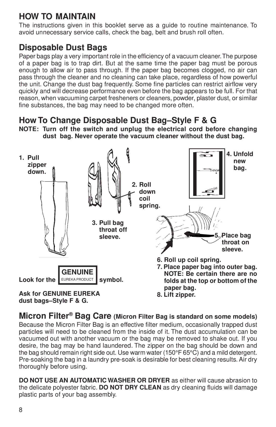 Sanitaire 600 Series warranty HOW to Maintain, Disposable Dust Bags, How To Change Disposable Dust Bag-Style F & G 