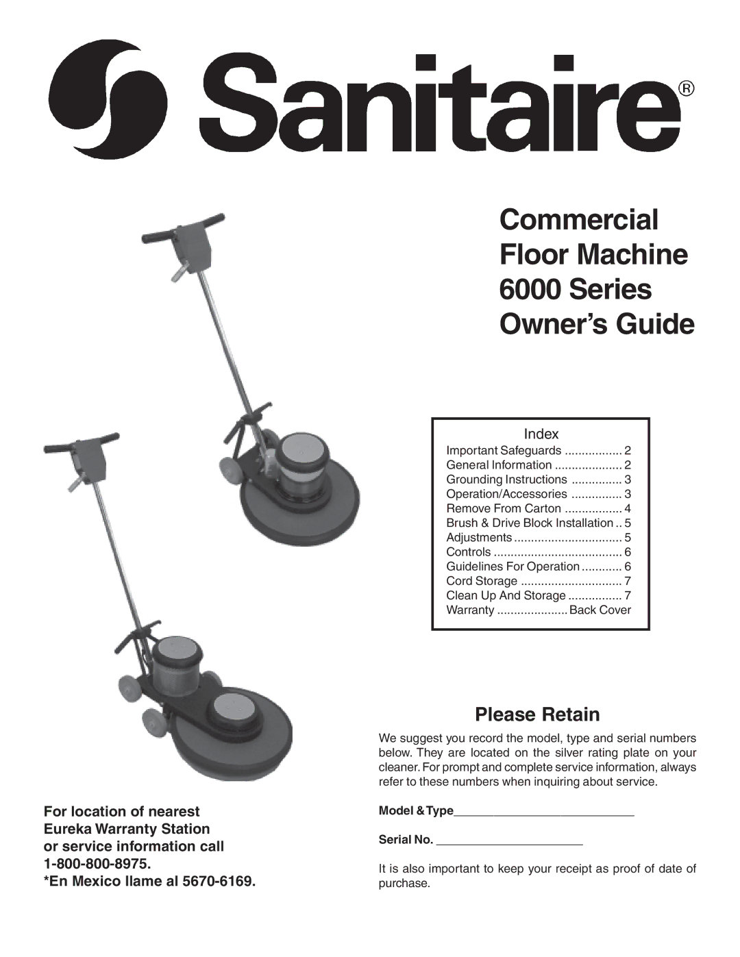 Sanitaire 6000 warranty Commercial Floor Machine Series Owner’s Guide, Index 