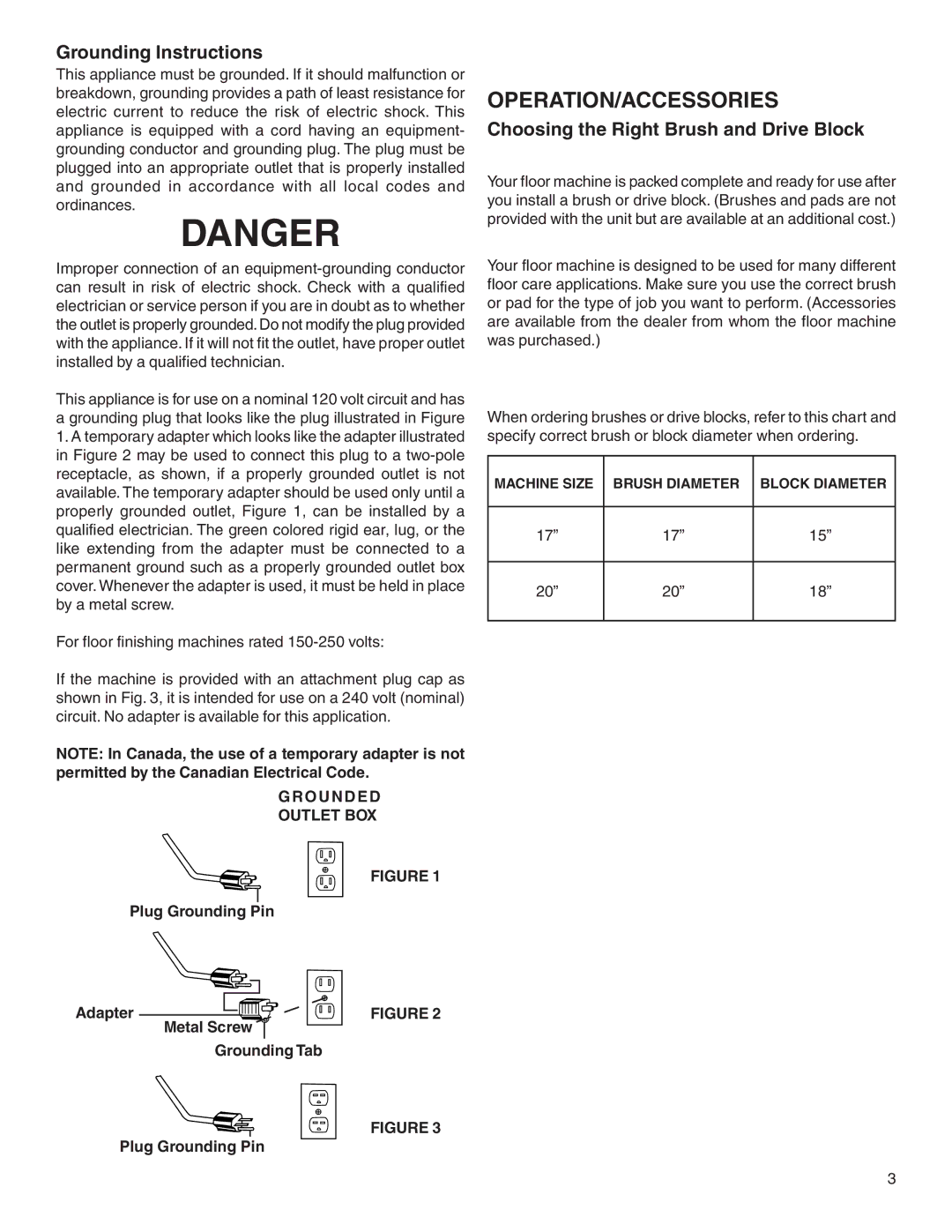 Sanitaire 6000 warranty Operation/Accessories, Grounding Instructions, Choosing the Right Brush and Drive Block 