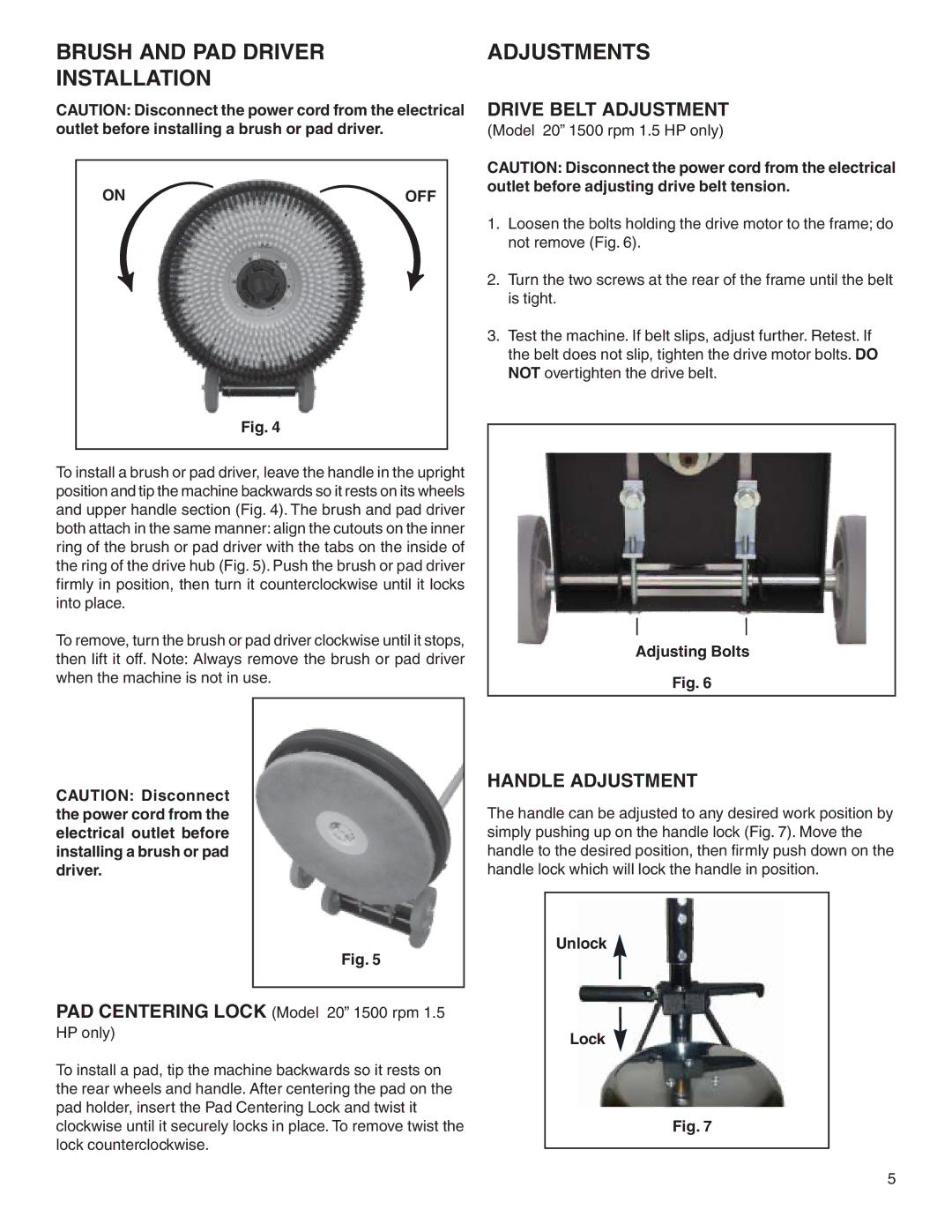 Sanitaire 6000 warranty Brush and PAD Driver Installation, Adjustments, Drive Belt Adjustment, Handle Adjustment, Off 