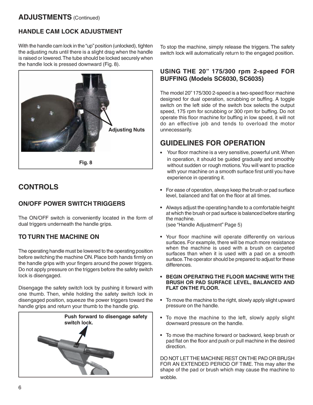 Sanitaire 6000 warranty Controls, Guidelines for Operation, Handle CAM Lock Adjustment, ON/OFF Power Switch Triggers 