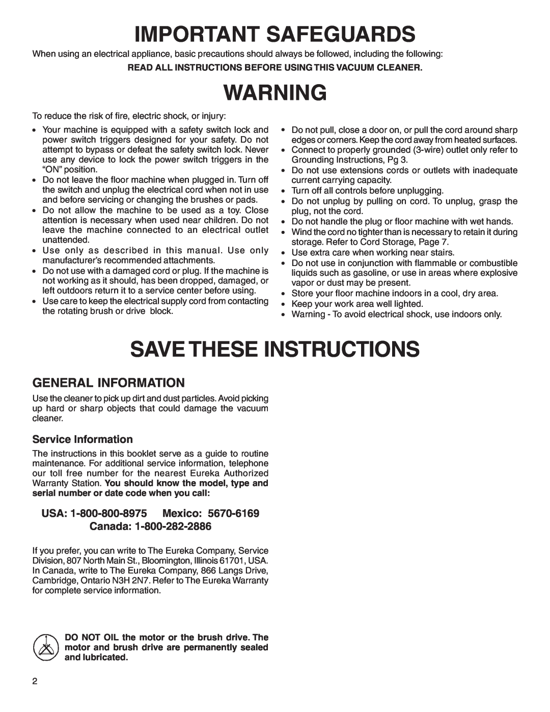 Sanitaire 6000 warranty Important Safeguards, Save These Instructions, General Information, Service Information 