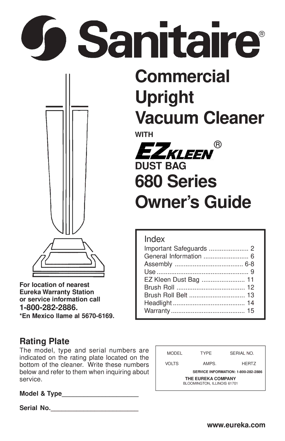 Sanitaire 680 Series warranty Rating Plate, Model & Type, Serial No 