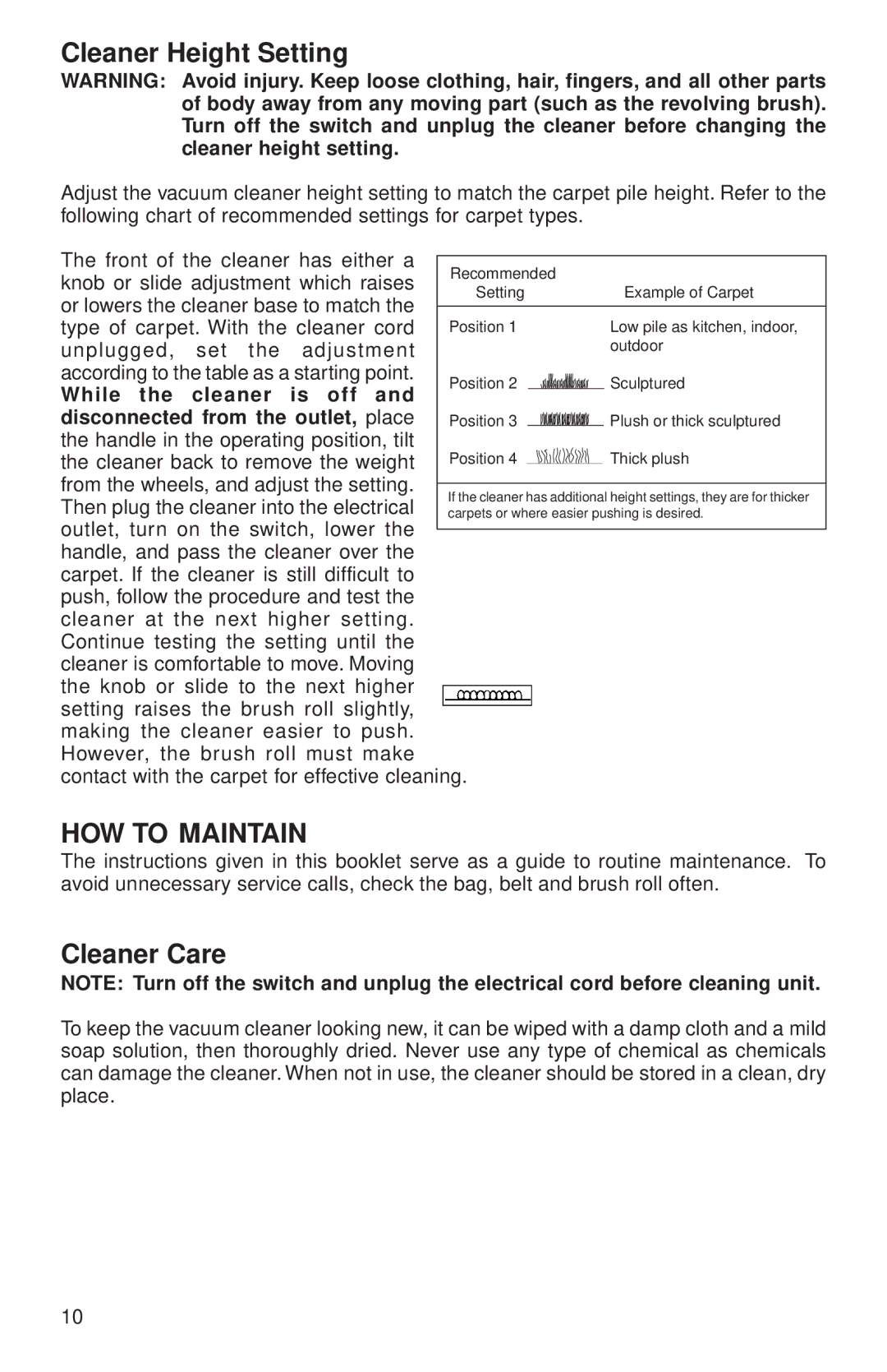 Sanitaire 680 Series warranty Cleaner Height Setting, HOW to Maintain, Cleaner Care 