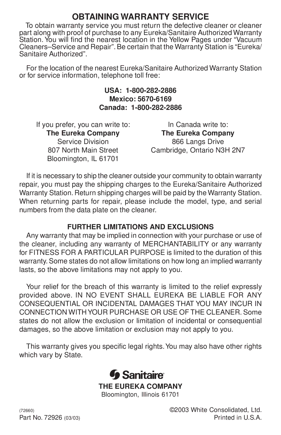 Sanitaire 680 Series warranty Obtaining Warranty Service, Eureka Company 