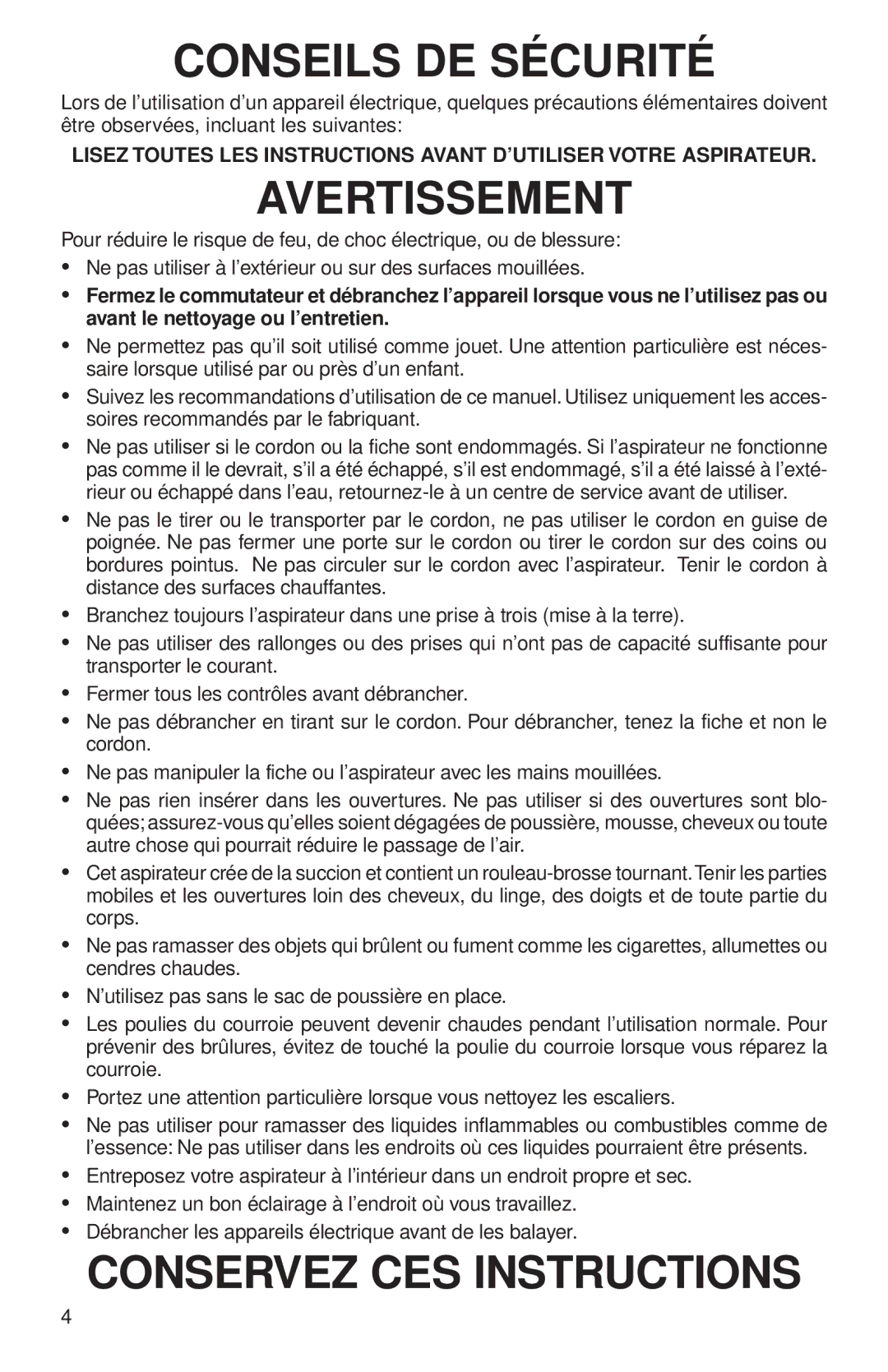 Sanitaire 680 Series warranty Conseils DE Sécurité 