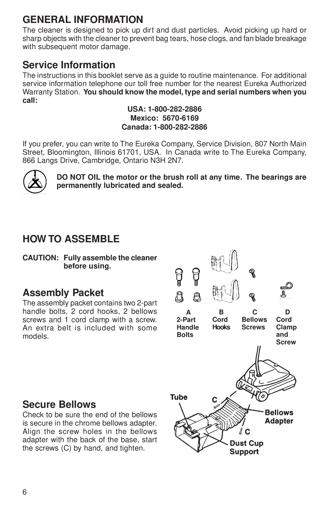 Sanitaire 680 Series warranty General Information, Service Information, HOW to Assemble, Assembly Packet, Secure Bellows 