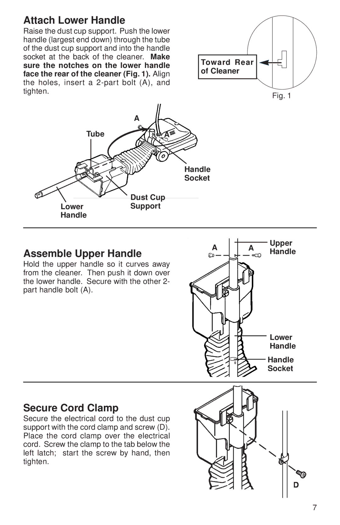 Sanitaire 680 Series warranty Attach Lower Handle, Assemble Upper Handle, Secure Cord Clamp, Lower Handle Socket 