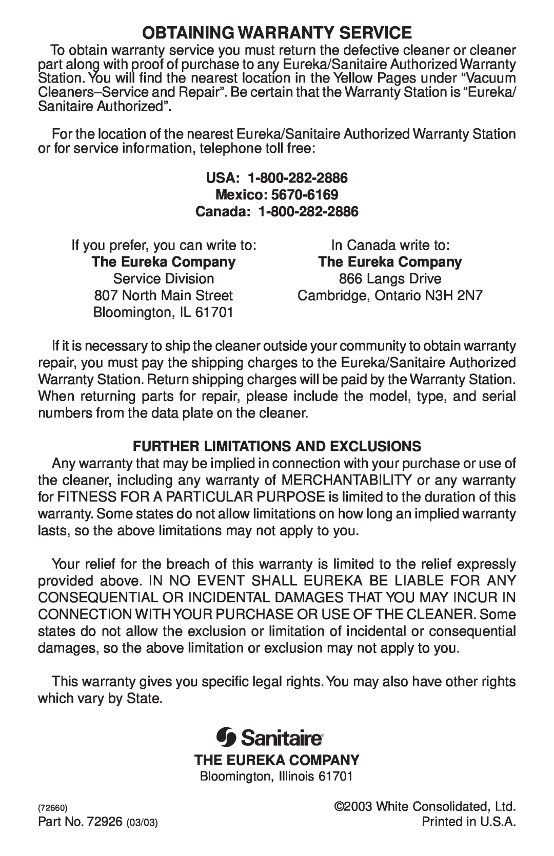 Sanitaire 680 Series Obtaining Warranty Service, USA Mexico Canada, The Eureka Company, Further Limitations And Exclusions 
