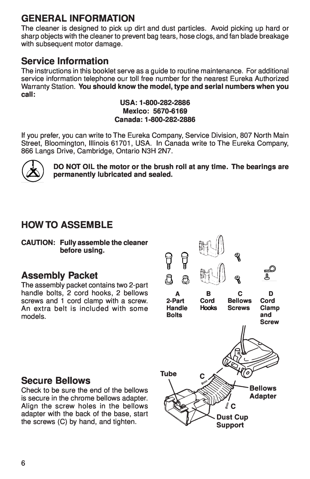 Sanitaire 680 Series warranty General Information, Service Information, How To Assemble, Assembly Packet, Secure Bellows 