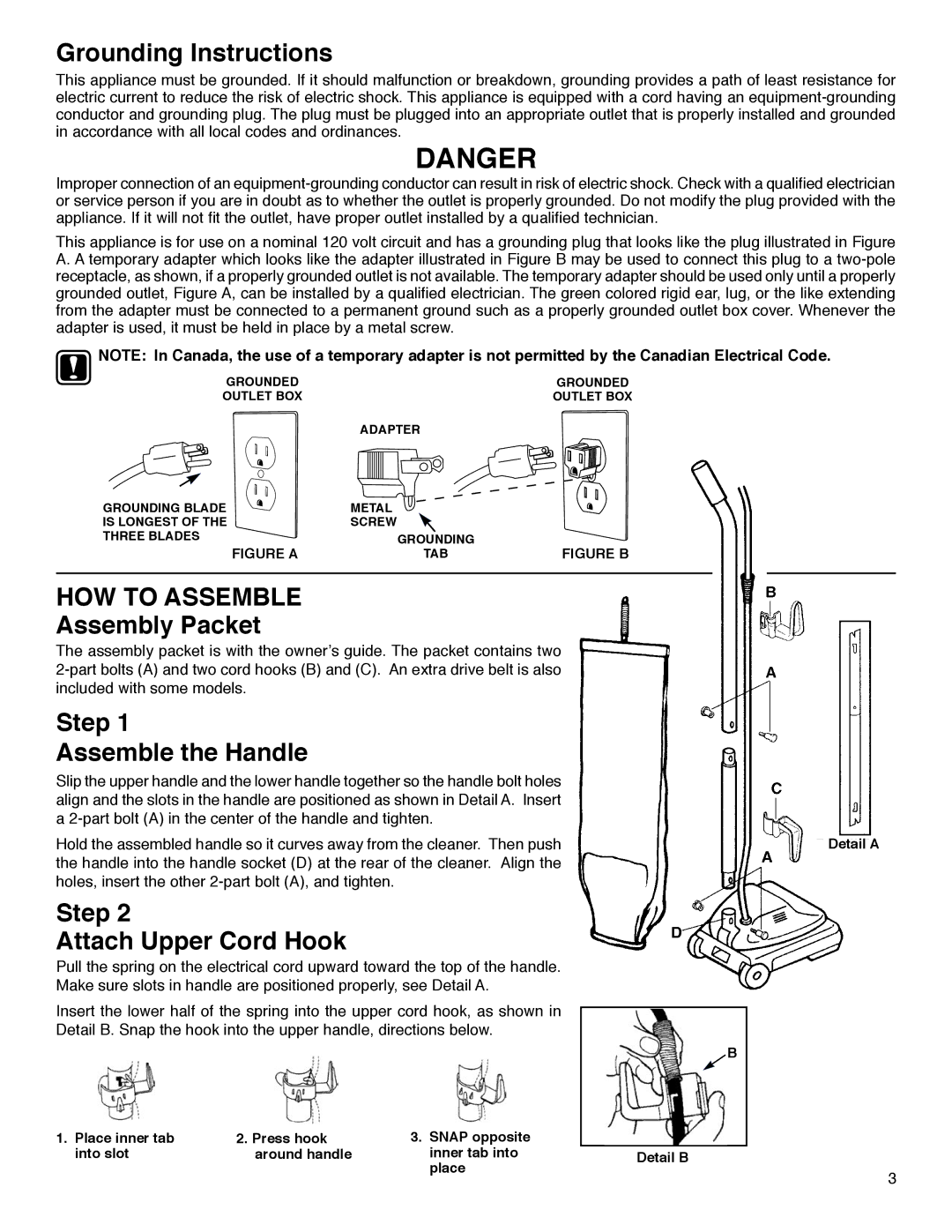 Sanitaire 600, 800 warranty Grounding Instructions, HOW to Assemble, Assembly Packet, Step Assemble the Handle 