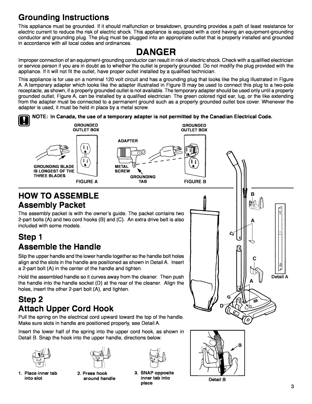 Sanitaire 600, 800 warranty Danger, Grounding Instructions, HOW TO ASSEMBLE Assembly Packet, Step Assemble the Handle 