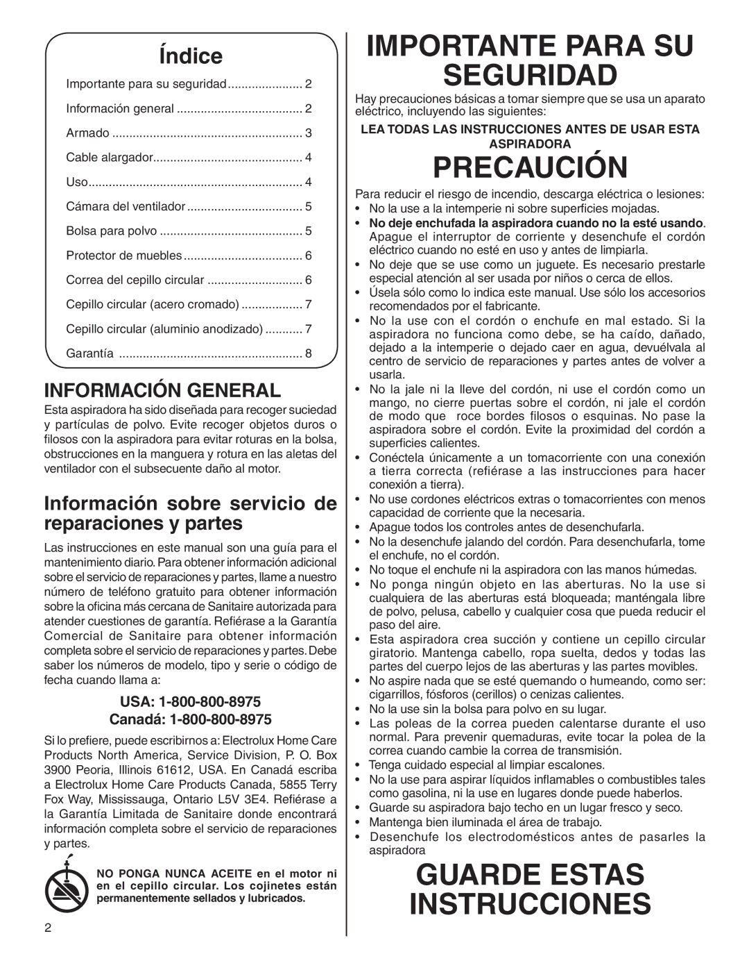 Sanitaire 800 warranty Información General, Información sobre servicio de reparaciones y partes, USA Canadá 