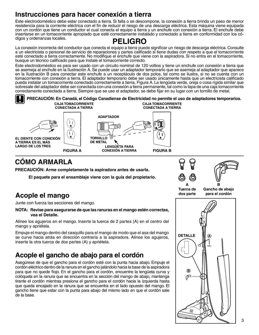 Sanitaire 800 warranty Instrucciones para hacer conexión a tierra, Cómo Armarla, Acople el mango 