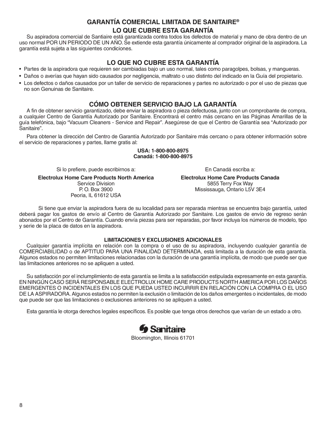 Sanitaire 800 USA Canadá, Si lo preﬁere, puede escribirnos a En Canadá escriba a, Limitaciones Y Exclusiones Adicionales 