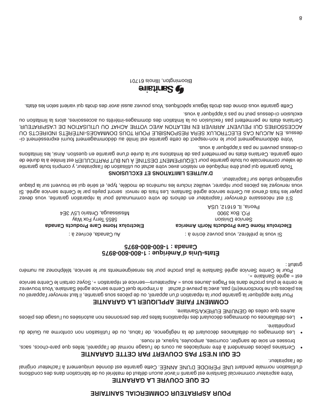 Sanitaire warranty Canada 8975-800-800-1 d’Amérique Unis-États, Exclusions ET Limitations D’AUTRES 