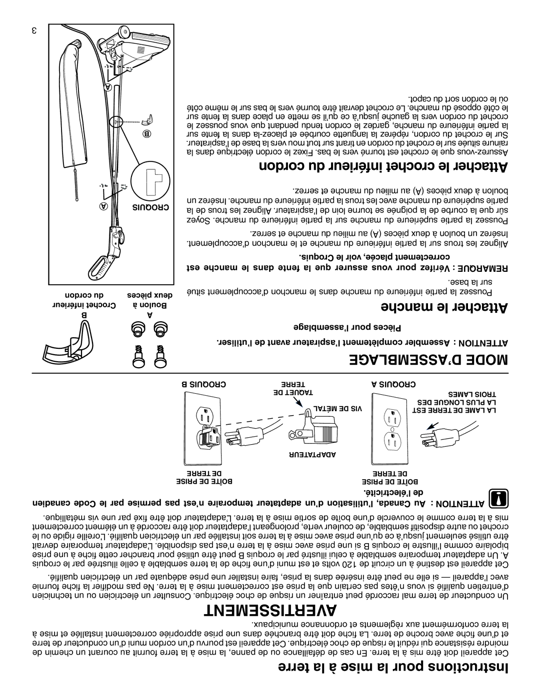 Sanitaire 800 warranty Cordon du inférieur crochet le Attacher, Terre la à mise la pour Instructions, ’électricité de 