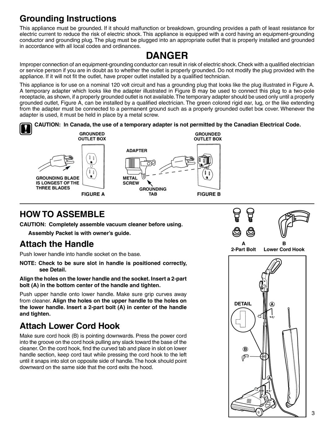 Sanitaire 800 warranty Grounding Instructions, HOW to Assemble, Attach the Handle, Attach Lower Cord Hook 