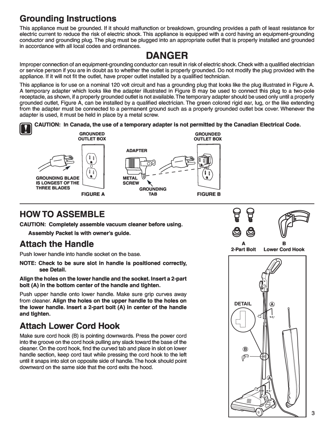 Sanitaire 800 warranty Danger, Grounding Instructions, How To Assemble, Attach the Handle, Attach Lower Cord Hook 