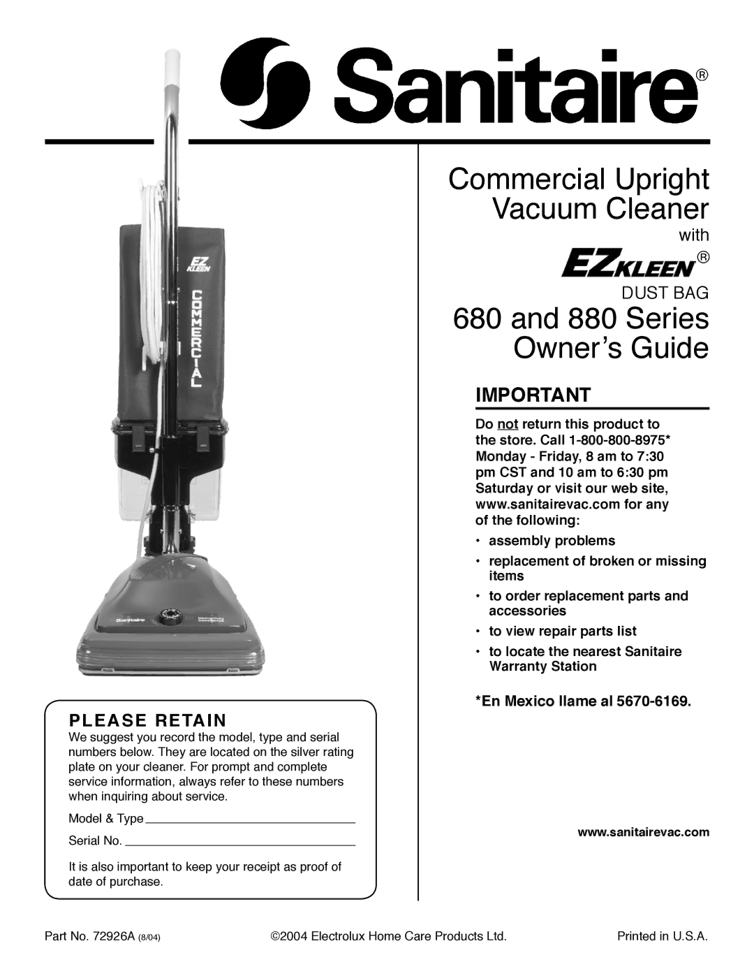 Sanitaire 880 Series warranty Commercial Upright Vacuum Cleaner 