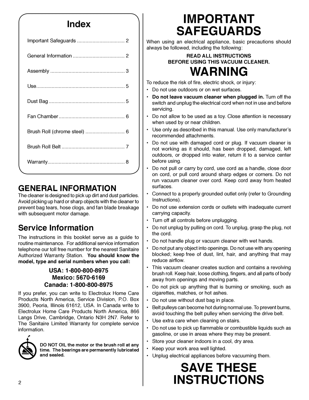 Sanitaire 880 Series General Information, Service Information, Read ALL Instructions Before Using this Vacuum Cleaner 