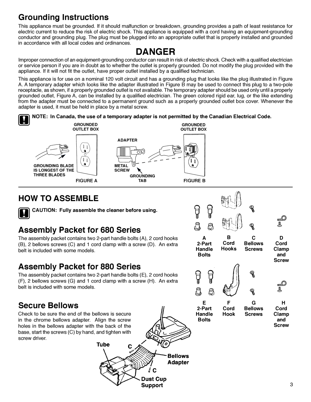 Sanitaire 880 Series warranty Grounding Instructions, HOW to Assemble, Assembly Packet for 680 Series, Secure Bellows 