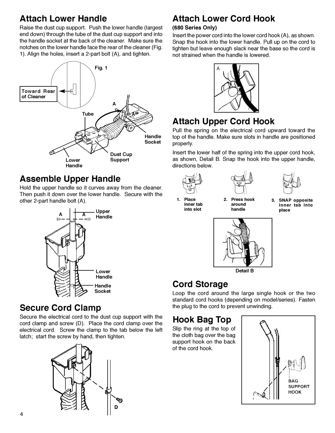 Sanitaire 880 Series warranty Attach Lower Handle, Attach Lower Cord Hook, Attach Upper Cord Hook, Assemble Upper Handle 