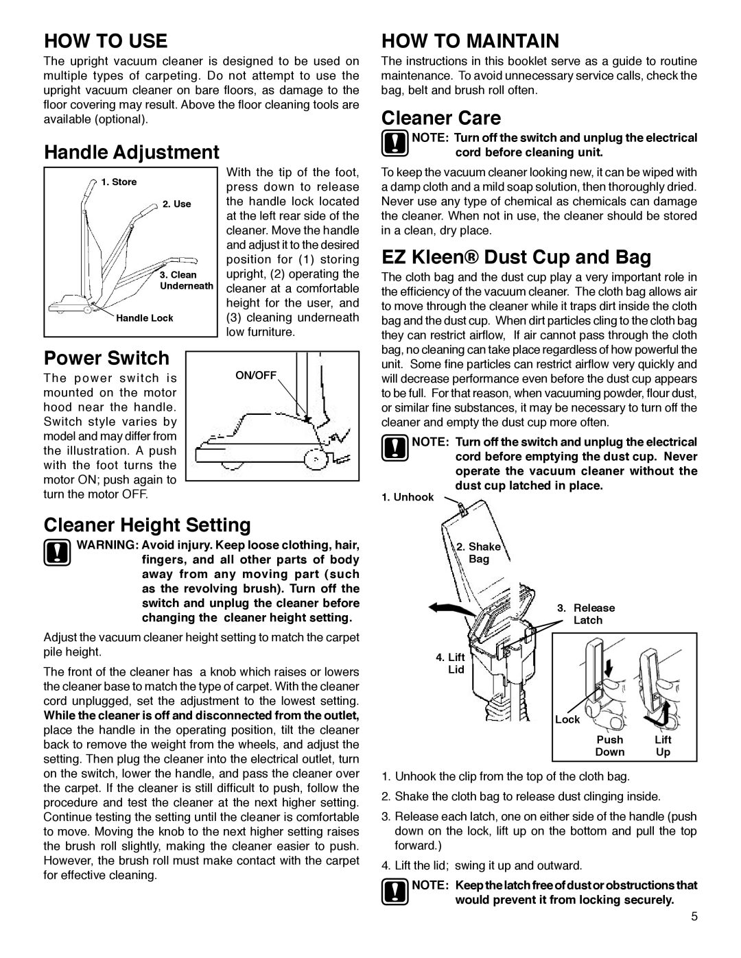 Sanitaire 880 Series warranty HOW to USE, HOW to Maintain 