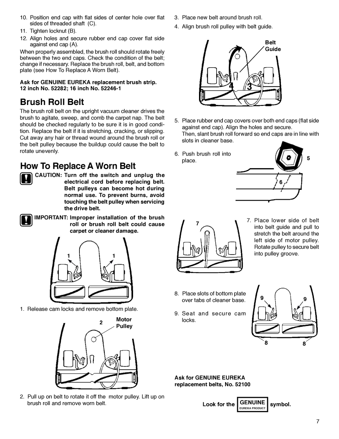 Sanitaire 880 Series warranty Brush Roll Belt, How To Replace a Worn Belt, Motor Pulley, Belt Guide 