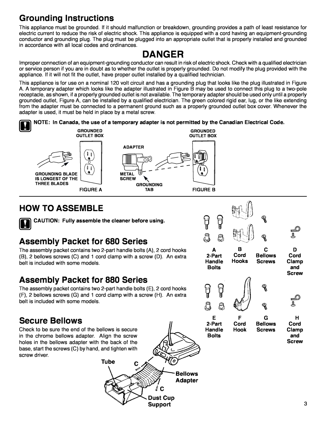 Sanitaire 880 Series Danger, Grounding Instructions, How To Assemble, Assembly Packet for 680 Series, Secure Bellows 