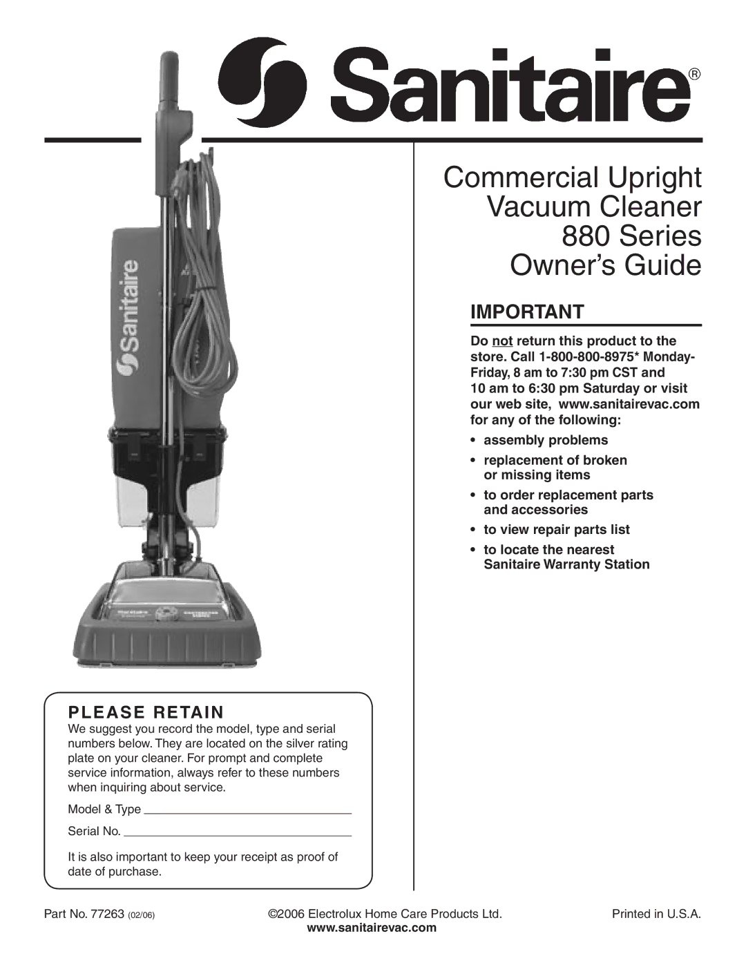 Sanitaire 880 warranty Commercial Upright Vacuum Cleaner Series Owner’s Guide 