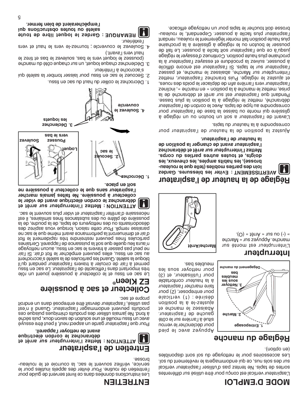 Sanitaire 880 ’aspirateur de hauteur la de Réglage, Interrupteur, Kleen EZ, Manche du Réglage, Entretien ’EMPLOI Mode 