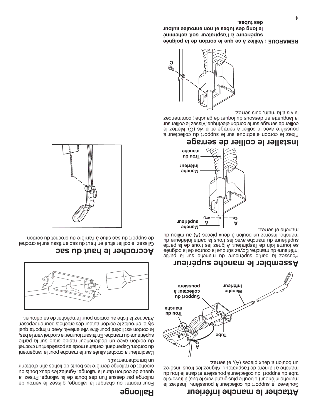 Sanitaire 880 warranty Sac du haut le Accrocher, Serrage de collier le Installer, Supérieur manche le Assembler 