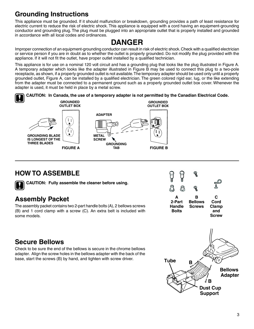 Sanitaire 880 warranty Grounding Instructions, HOW to Assemble, Assembly Packet, Secure Bellows 