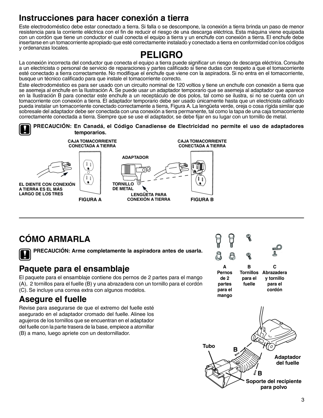Sanitaire 880 warranty Peligro, Instrucciones para hacer conexión a tierra, Cómo Armarla, Paquete para el ensamblaje, Tubo 