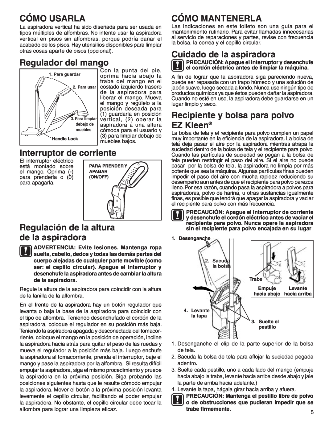 Sanitaire 880 Cómo Usarla, Regulador del mango, Cómo Mantenerla, Cuidado de la aspiradora, Interruptor de corriente 