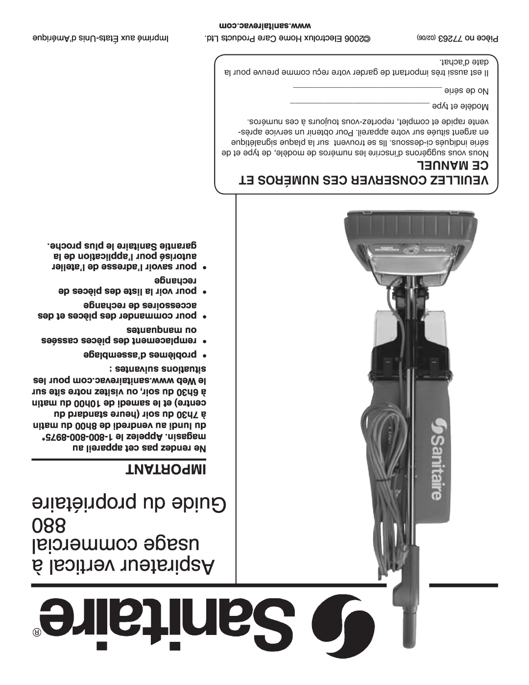 Sanitaire warranty propriétaire du Guide 880 commercial usage à vertical Aspirateur, Manuel Ce 