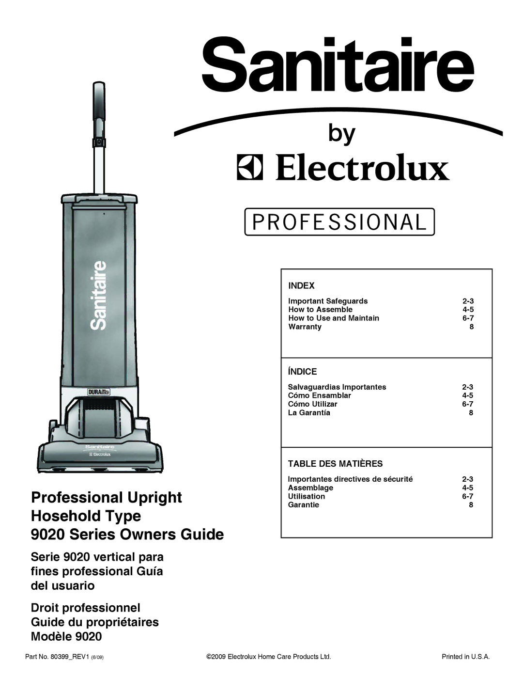 Sanitaire 9020 warranty Professional Upright Hosehold Type Series Owners Guide, Index, Índice, Table DES Matières 