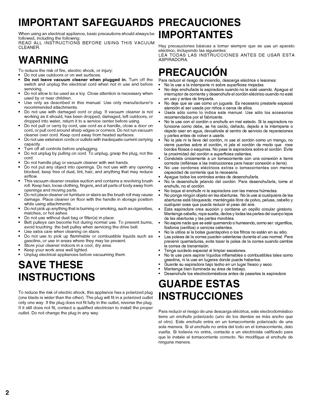 Sanitaire 9020 warranty Important Safeguards, Save These Instructions, Precauciones Importantes, Precaución 