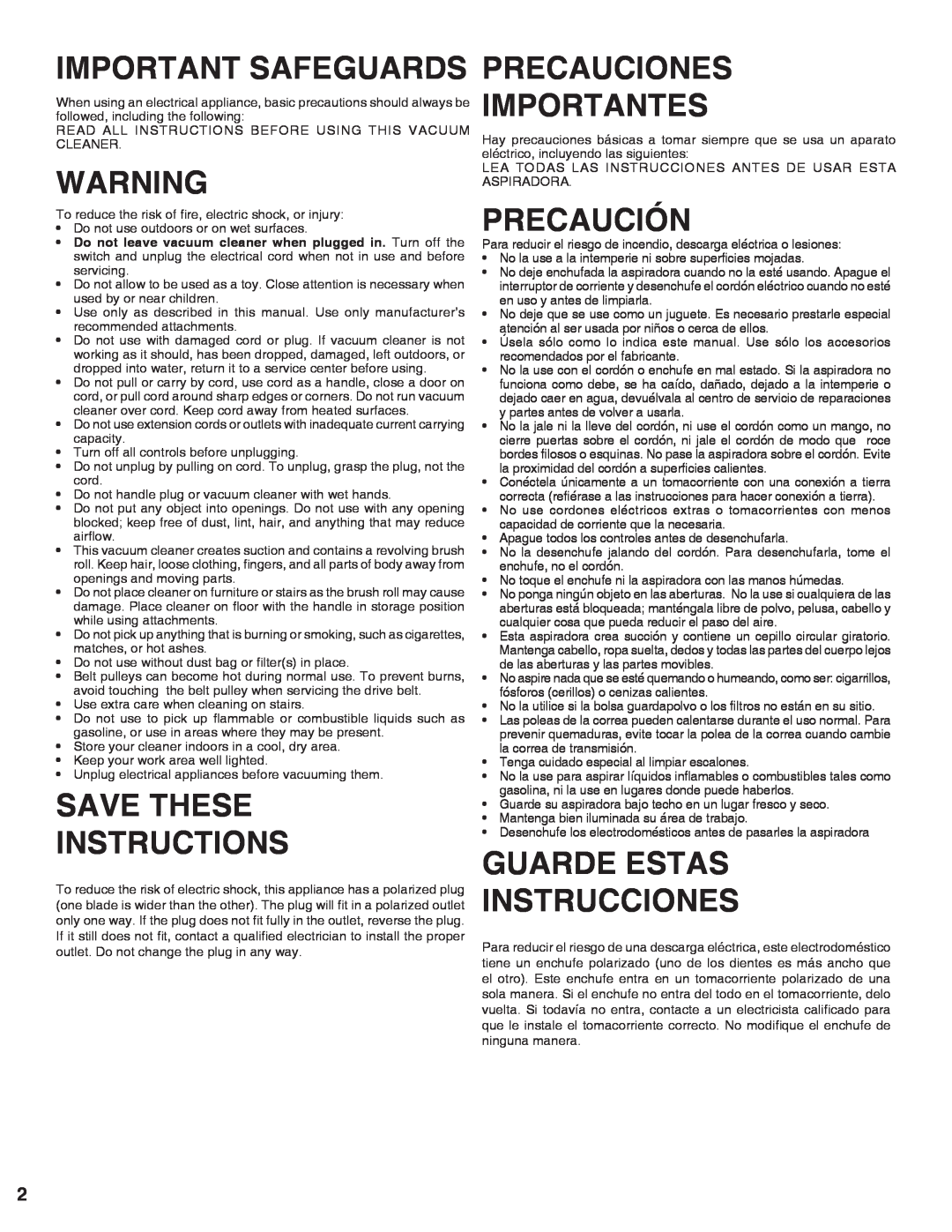 Sanitaire 9020 warranty Important Safeguards, Save These Instructions, Precauciones Importantes, Precaución 