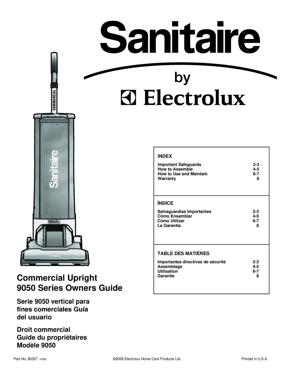 Sanitaire 9050 warranty Commercial Upright Series Owners Guide, Index, Índice, Table DES Matières 